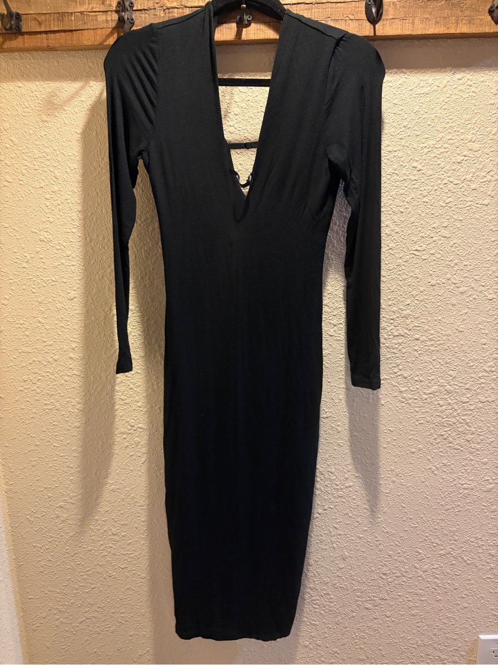 T by Alexander Wang Black Long Sleeve Deep V Midi Dress Size S